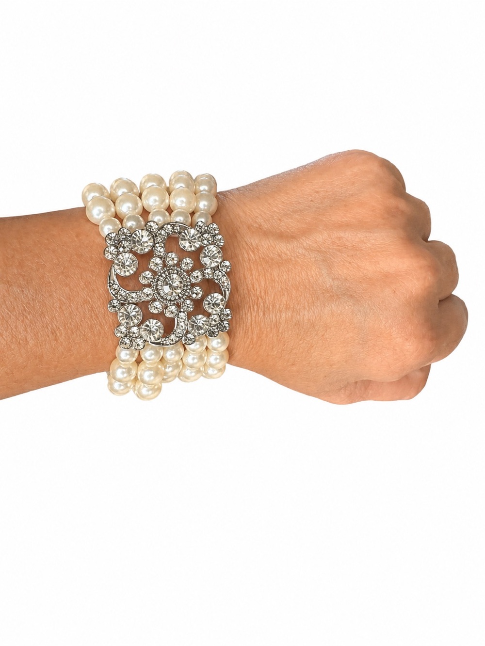New Multi-Strand Faux Glass Pearl Stretch Bracelet Crystal Rhinestone 5 Strand